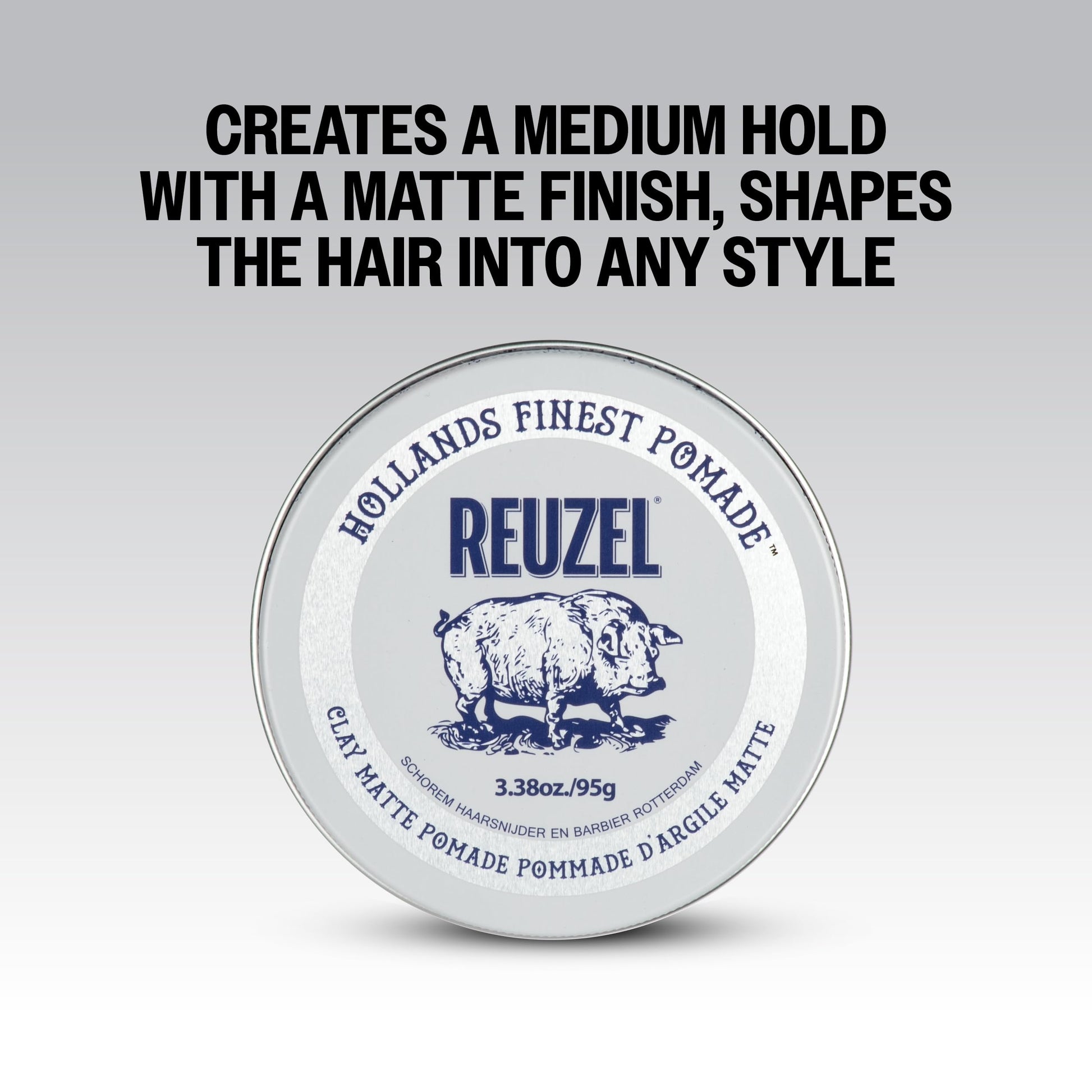 Top angle view of Reuzel clay hair styling product on a clean background.
