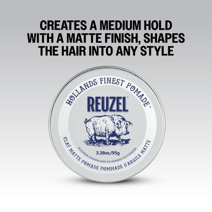 Top angle view of Reuzel clay hair styling product on a clean background.