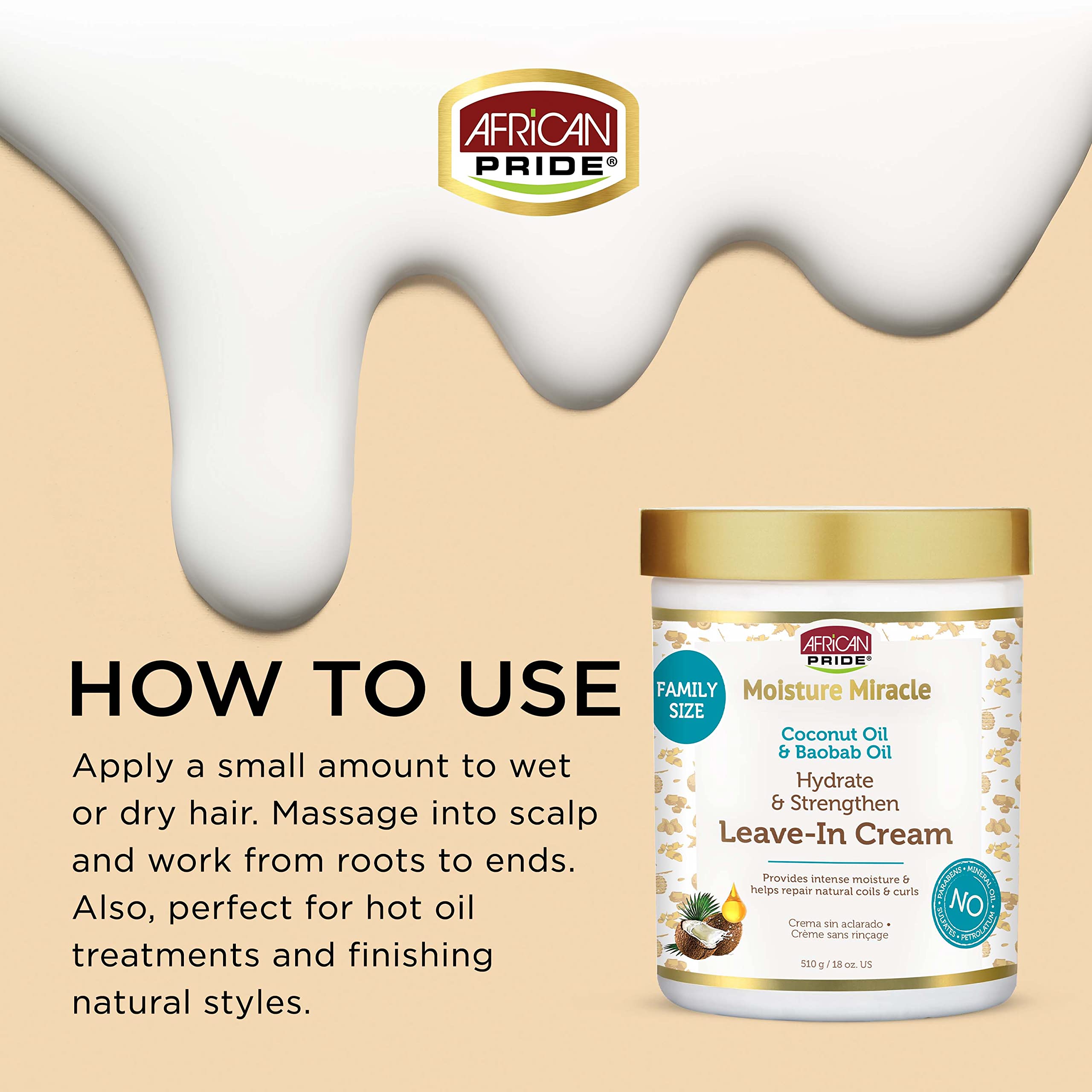 African Pride Coconut Oil and Baobab Oil Leave In Cream for curly hair packaging