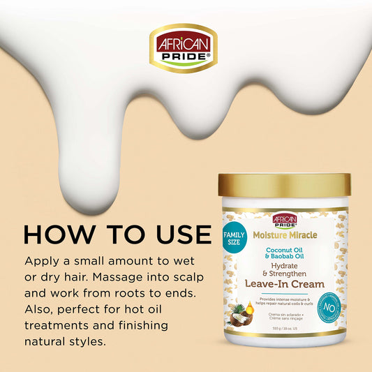 African Pride Coconut Oil and Baobab Oil Leave In Cream for curly hair packaging