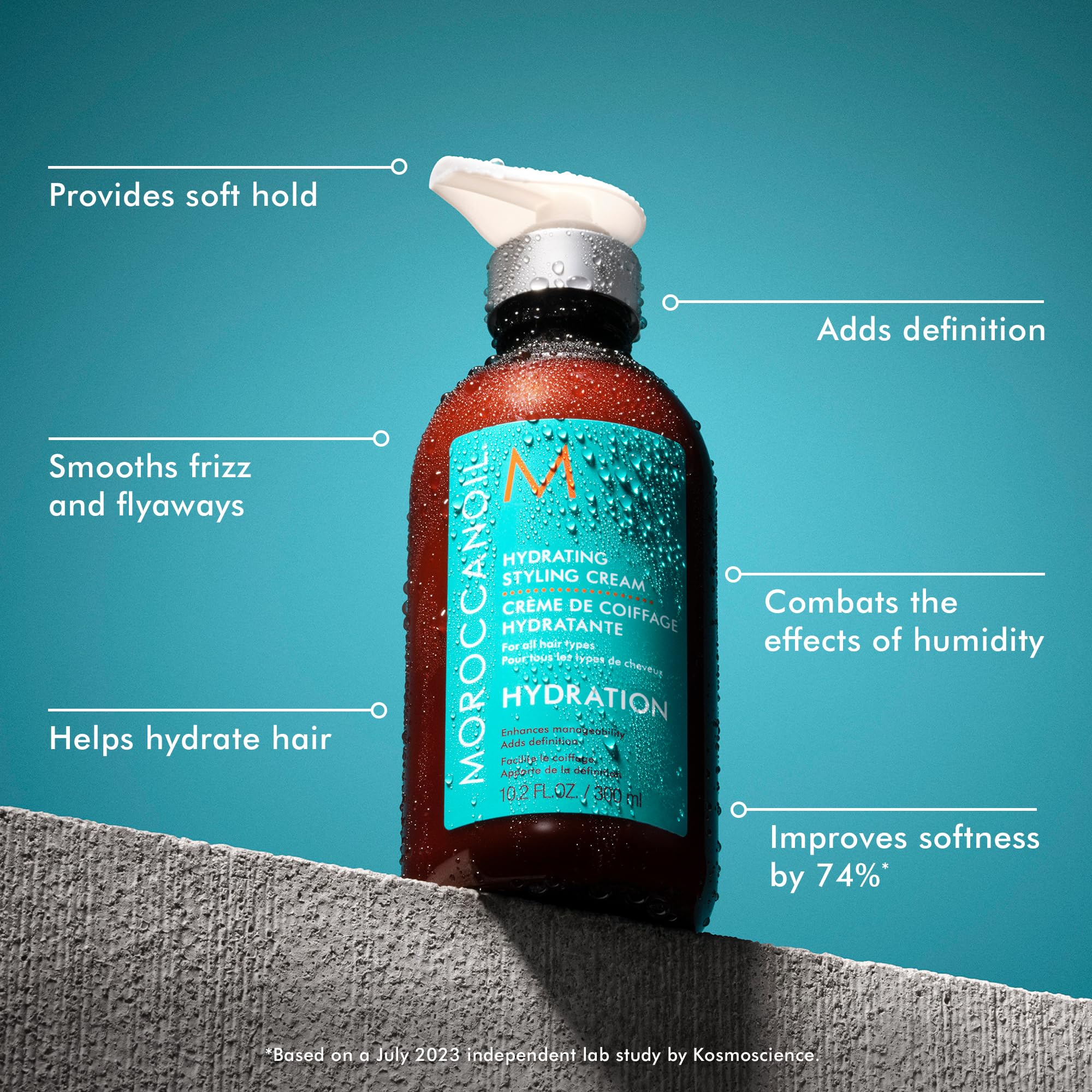 Moroccanoil Hydrating Styling Cream side profile showcasing product packaging details and size information.