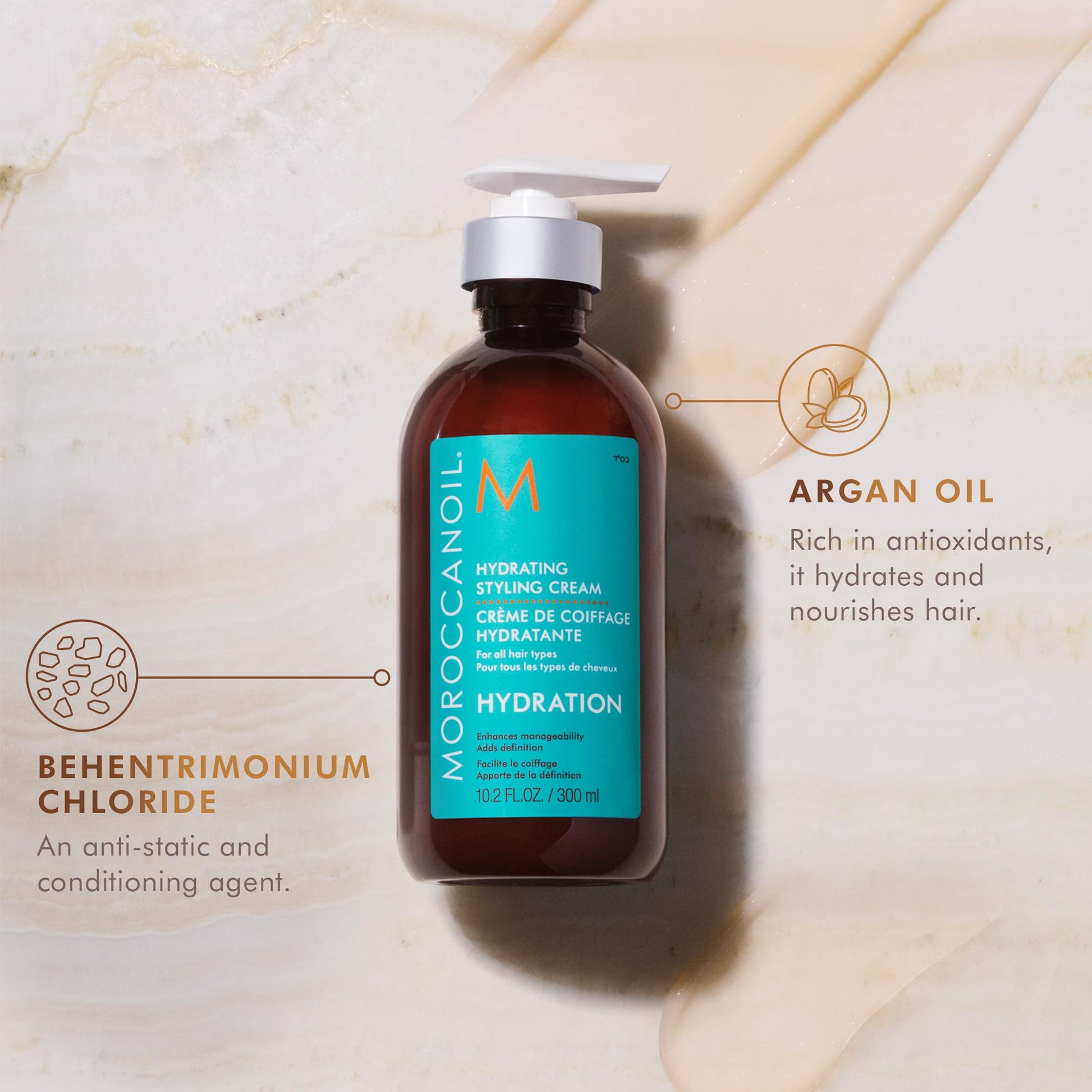 Moroccanoil Hydrating Styling Cream showing the back label with a detailed ingredient list and safety certifications.