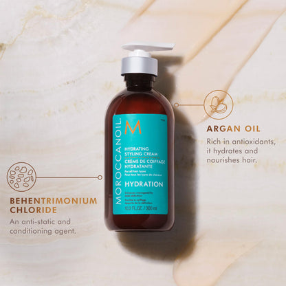 Moroccanoil Hydrating Styling Cream showing the back label with a detailed ingredient list and safety certifications.