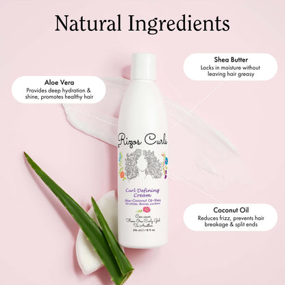 Back of Rizos Curls cream bottle displaying clean ingredients list