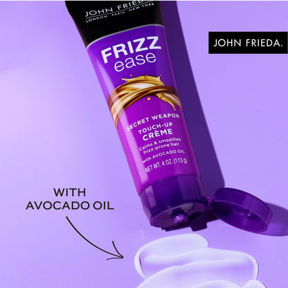 John Frieda Frizz Ease Secret Weapon tube placed next to avocado oil illustration