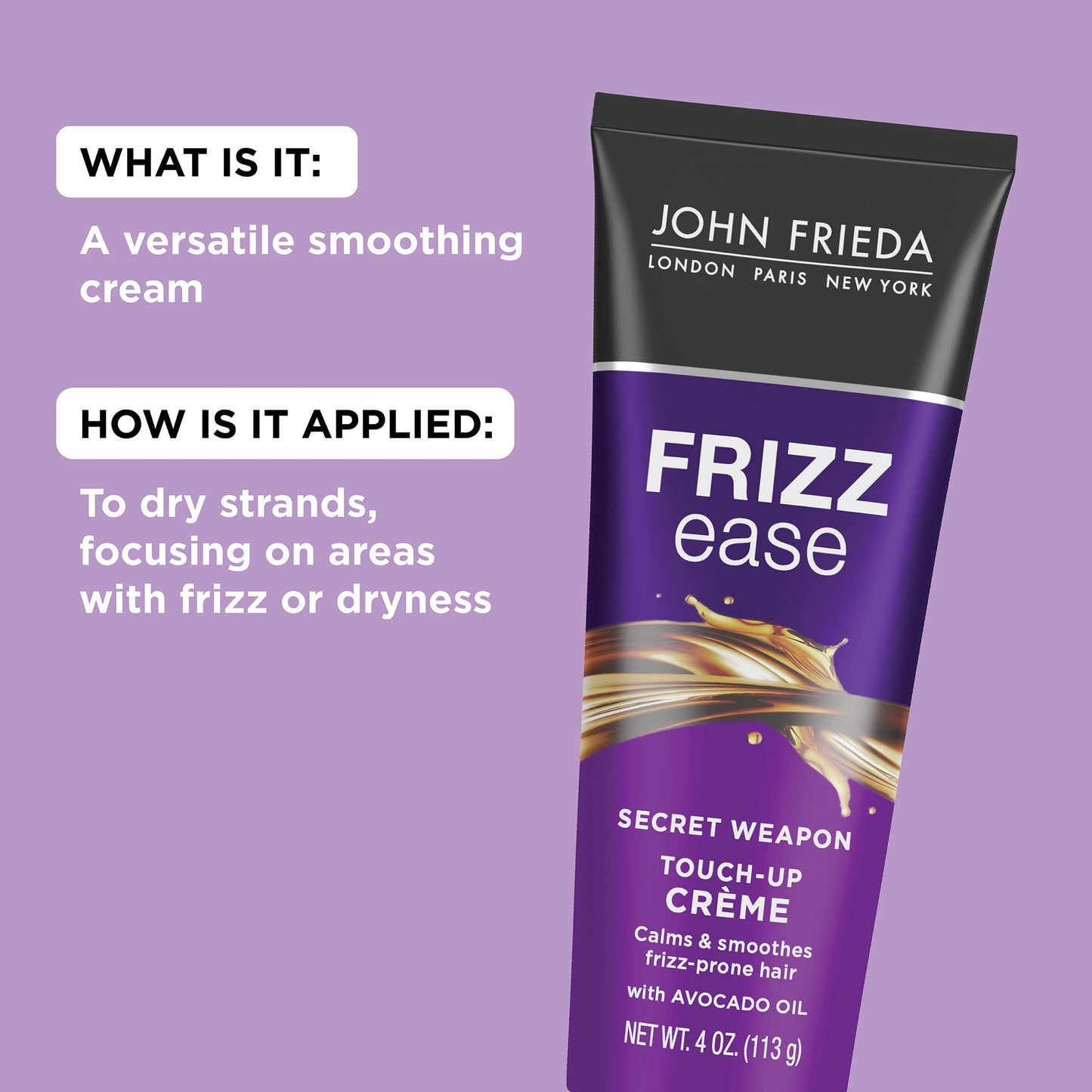 John Frieda anti frizz styling cream tube showcasing the brand logo and product benefits