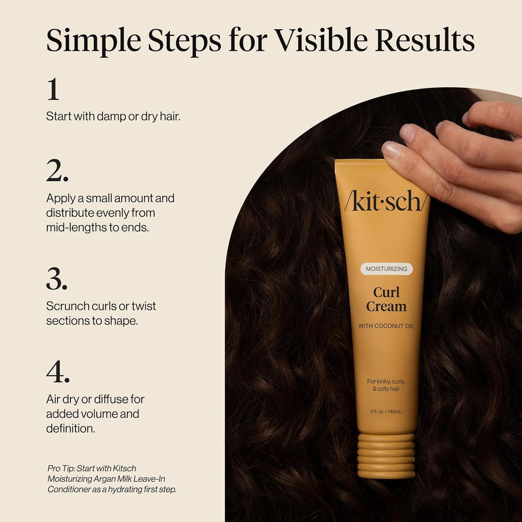 Kitsch curly hair care product line showing the lightweight styling cream bottle context