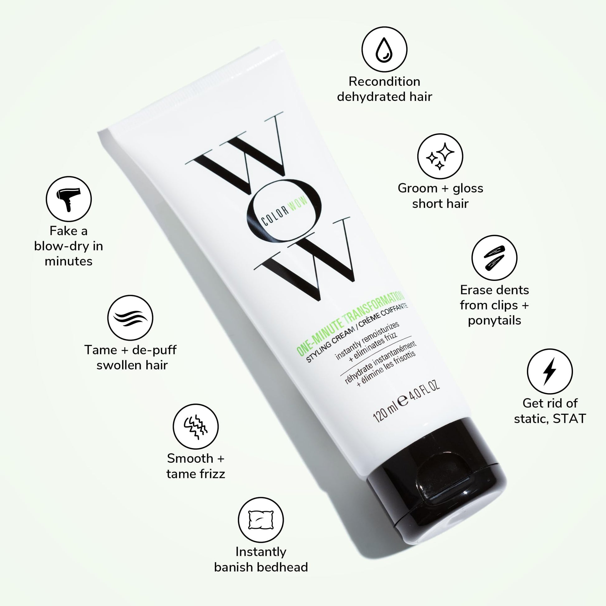 COLOR WOW instant frizz fix cream tube being held to demonstrate the product size
