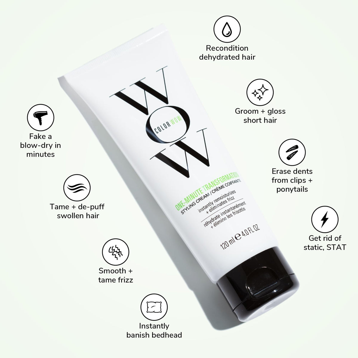 COLOR WOW instant frizz fix cream tube being held to demonstrate the product size