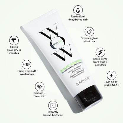 COLOR WOW instant frizz fix cream tube being held to demonstrate the product size
