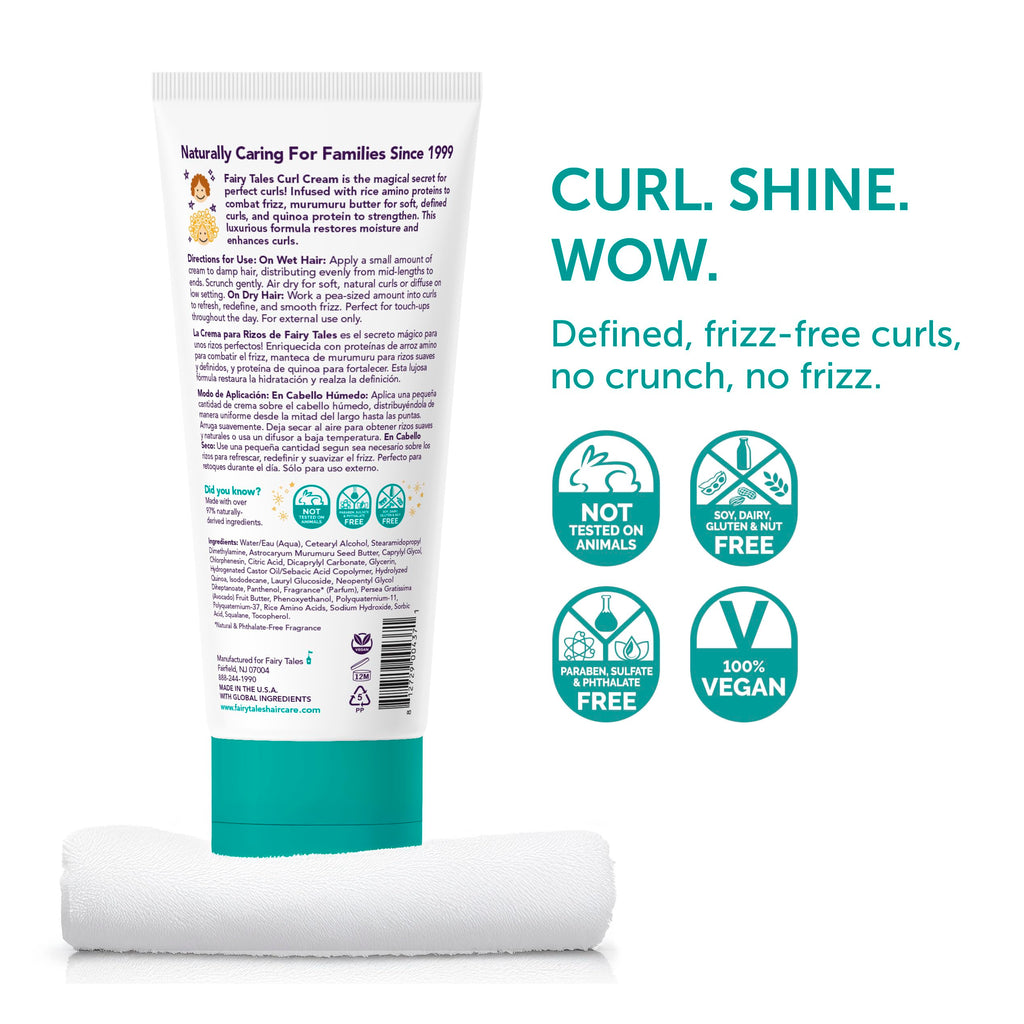 Fairy Tales Curly Q kids styling cream back label showing complete clean ingredients and usage instructions
