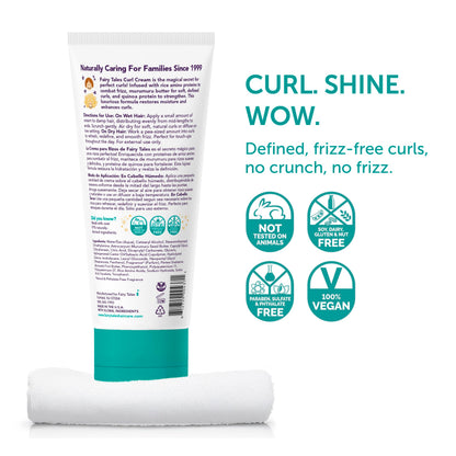 Fairy Tales Curly Q kids styling cream back label showing complete clean ingredients and usage instructions