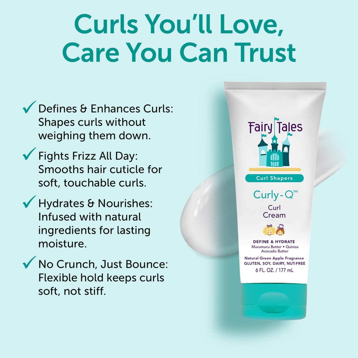Fairy Tales Curly Q lightweight formula texture swatch demonstrating the smooth non greasy cream