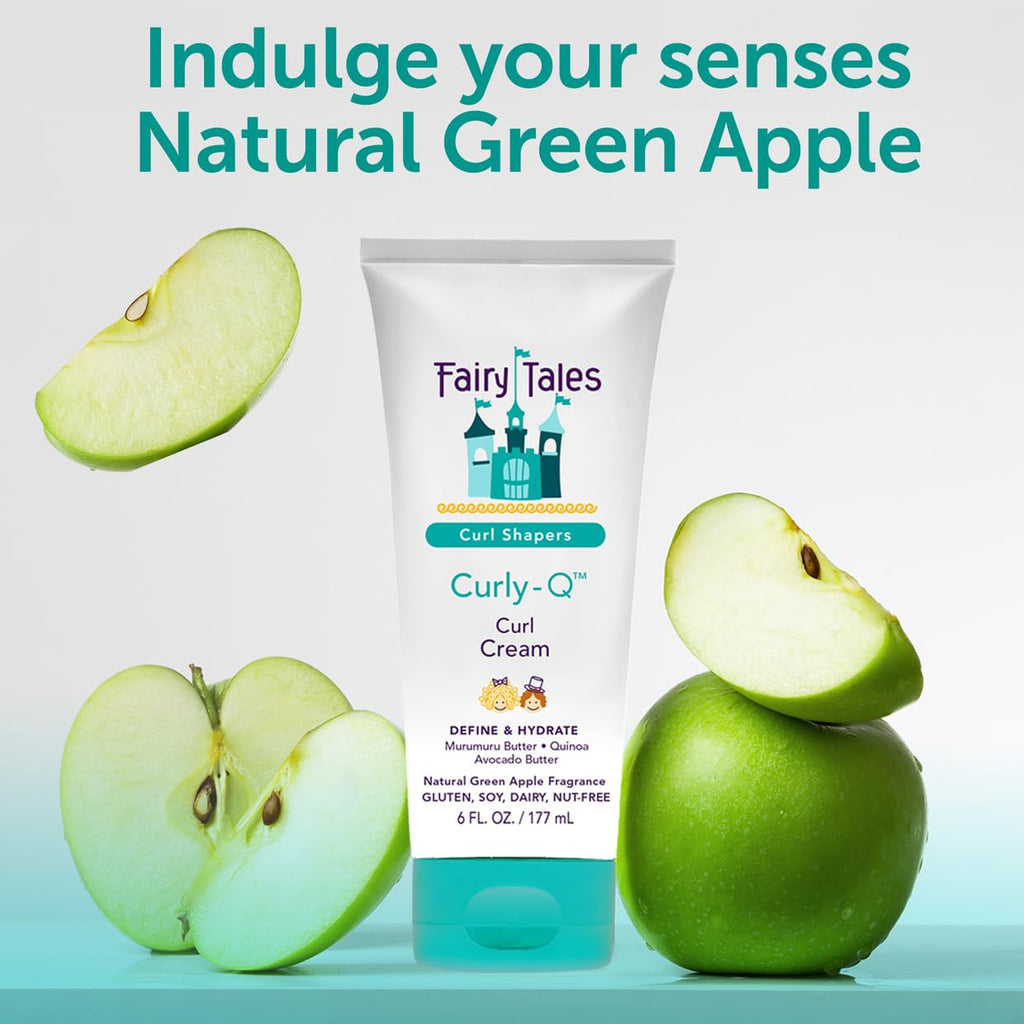 Fairy Tales Curly Q children hair cream packaging highlighting paraben free and nut free safety claims