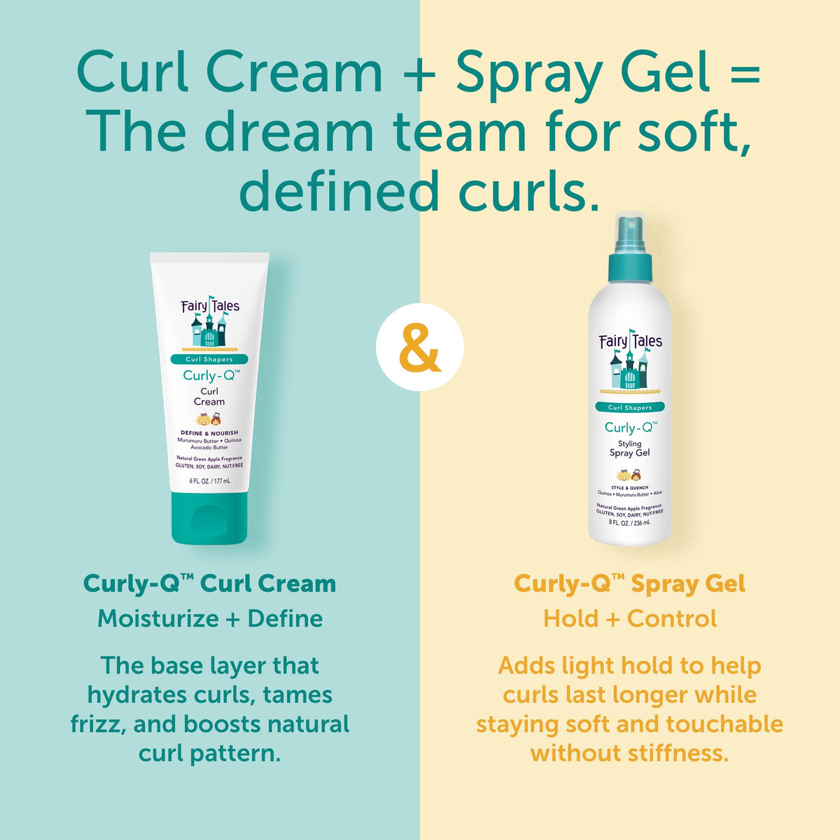 Fairy Tales Curly Q kids hair care routine collection highlighting the green apple scented styling cream