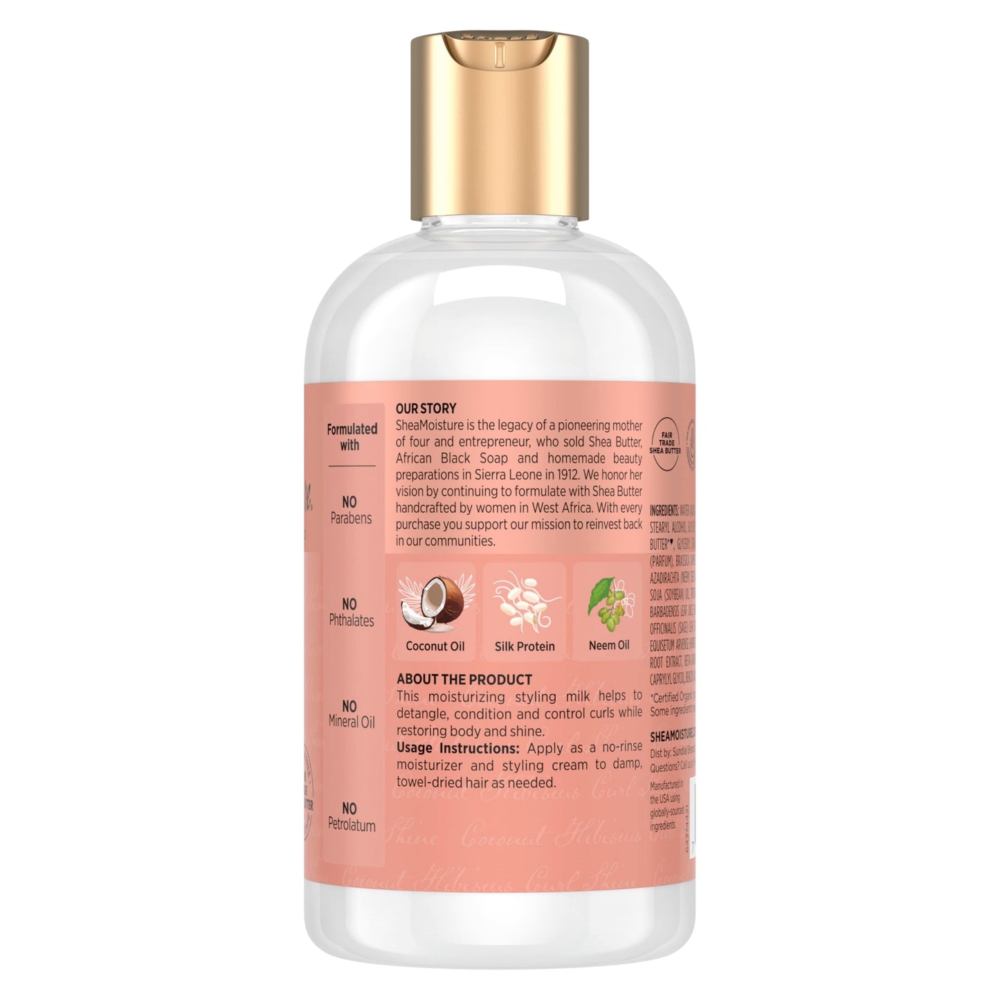 Shea Moisture leave in styling milk cream bottle back label showing ingredients and directions