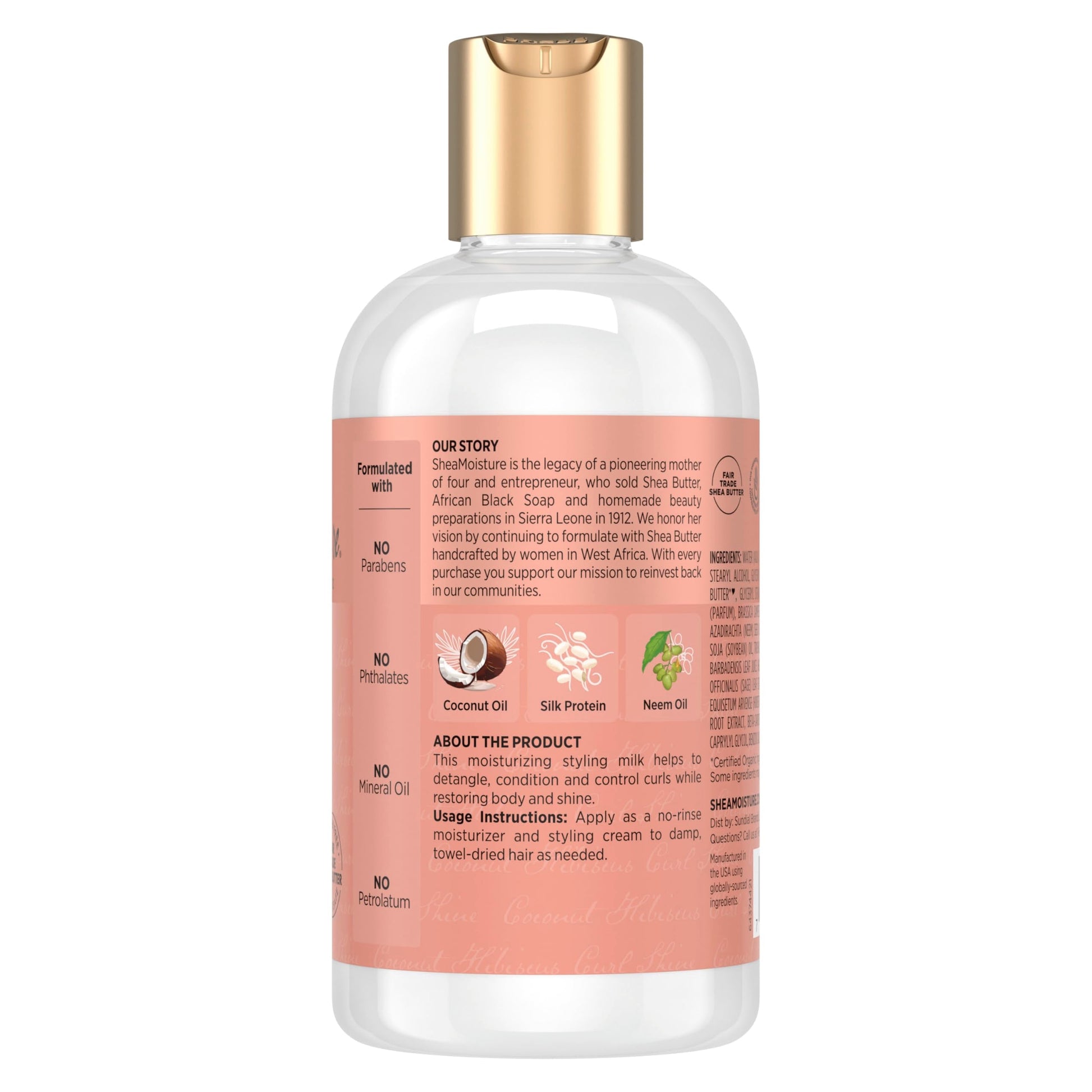 Shea Moisture leave in styling milk cream bottle back label showing ingredients and directions