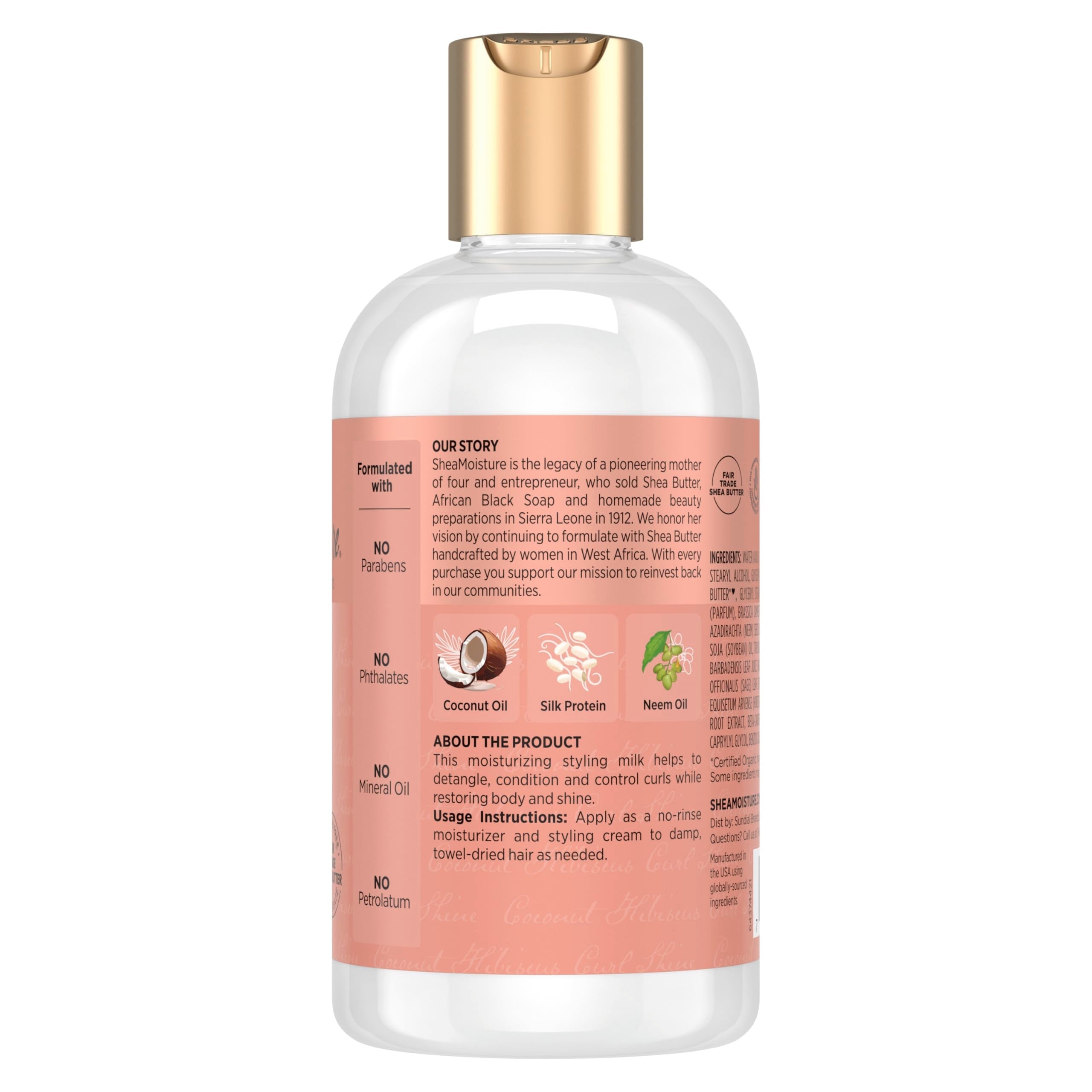 Shea Moisture leave in styling milk cream bottle back label showing ingredients and directions