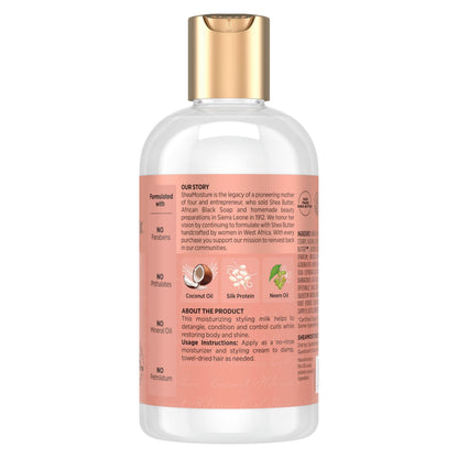 Shea Moisture leave in styling milk cream bottle back label showing ingredients and directions
