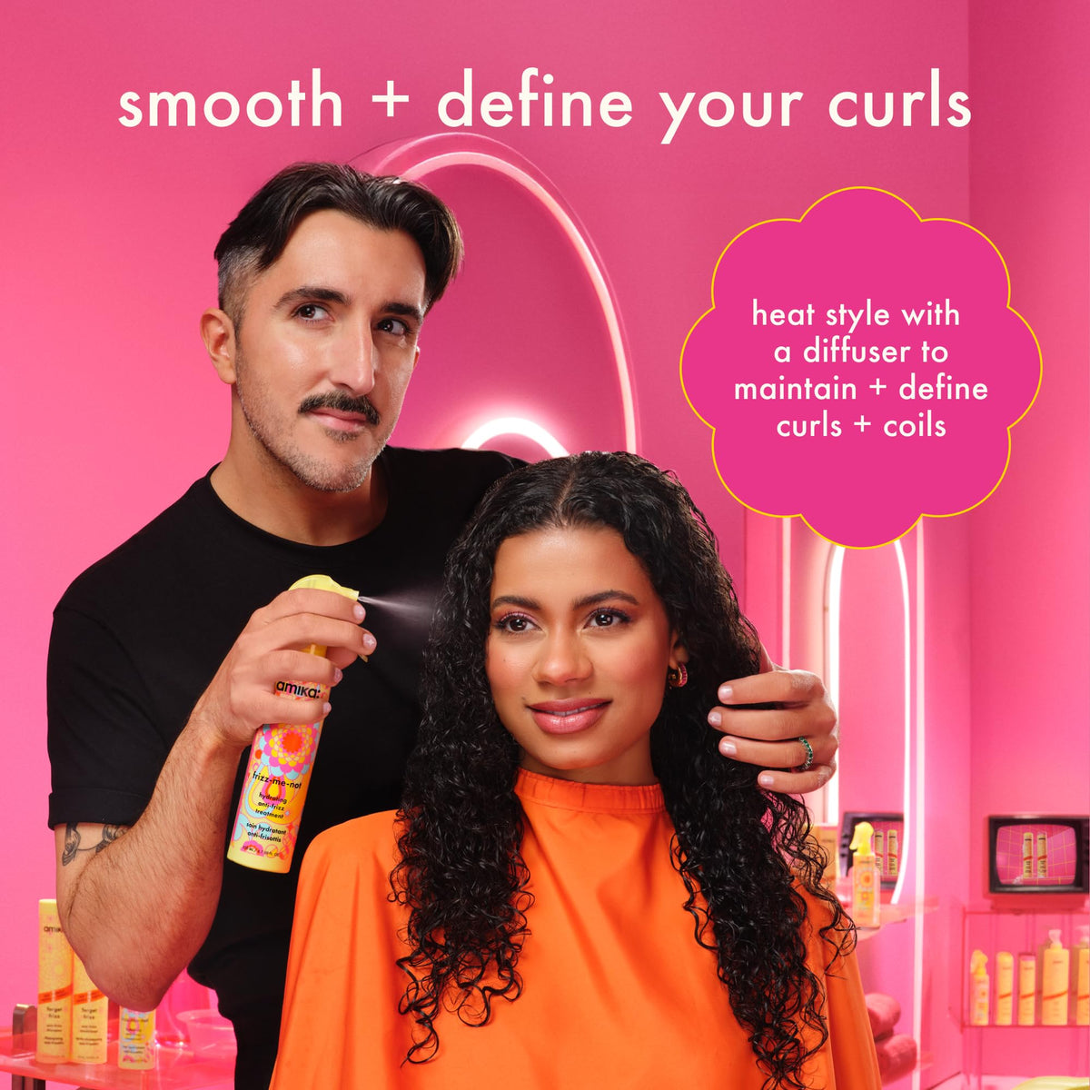 Amika hydrating anti frizz treatment spray texture mist example on medium to thick hair