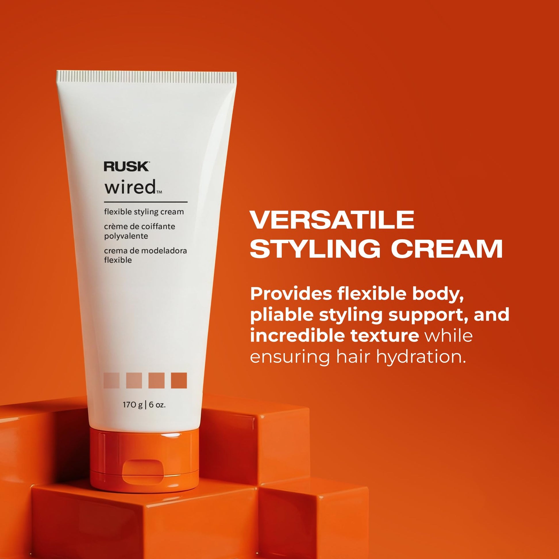 Back view of RUSK Wired styling cream showing application directions for wet and dry hair