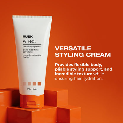 Back view of RUSK Wired styling cream showing application directions for wet and dry hair