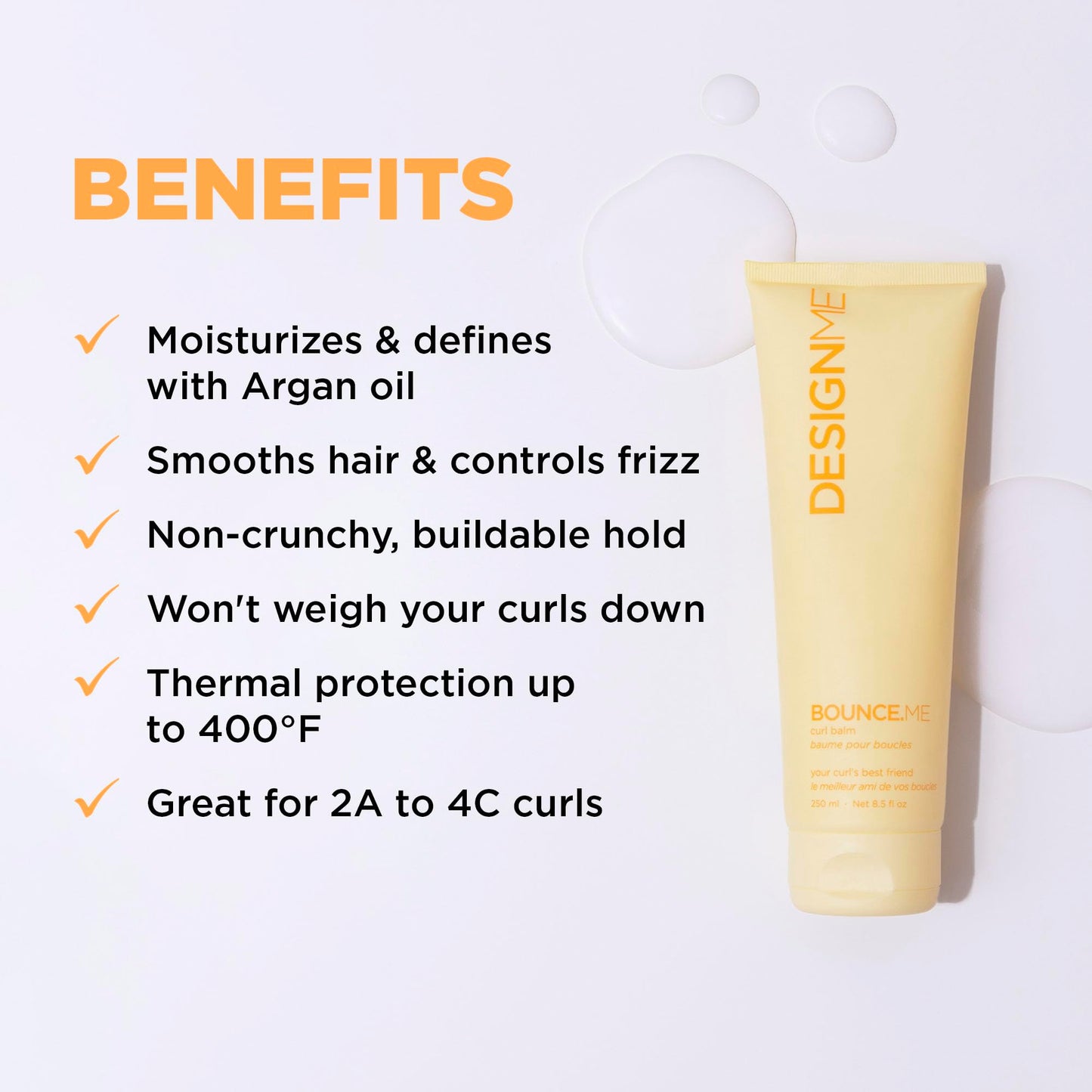Back label of Design.Me Bounce.Me Curl Balm featuring sulfate free and paraben free callouts