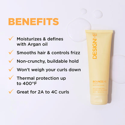 Back label of Design.Me Bounce.Me Curl Balm featuring sulfate free and paraben free callouts