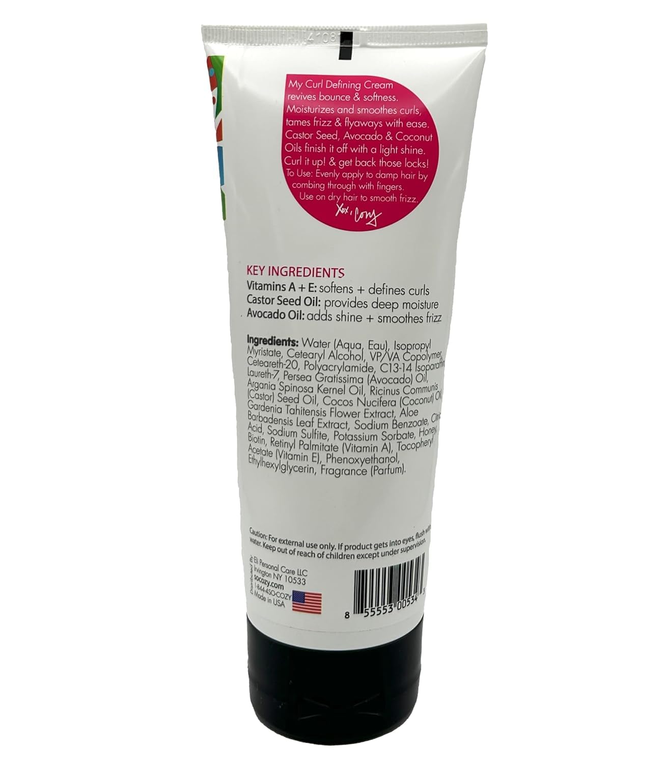 Back label of SoCozy curl cream for kids detailing paraben and sulfate free credentials.