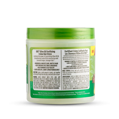 Back label of ORS Fortifying Cream Hair Dress showing essential fatty acid benefits.
