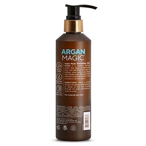 Argan Magic leave in styling cream bottle showing product benefits and sizing information