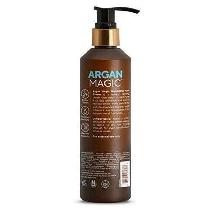 Argan Magic leave in styling cream bottle showing product benefits and sizing information