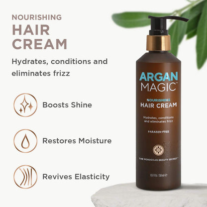 Moroccan argan oil infused hair cream packaging highlighting paraben free and cruelty free labels