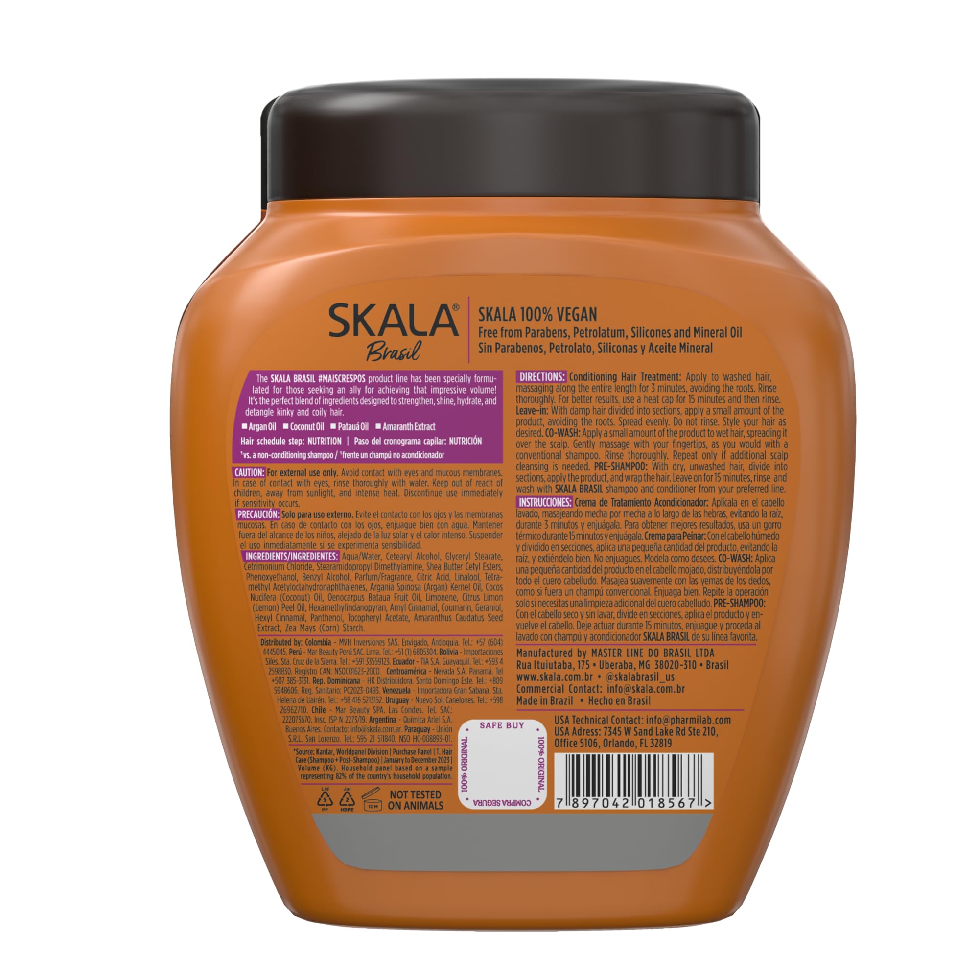 Authentic Brazil Skala Mais Crespos super curly hair type 4ABC leave in conditioner container showcasing product benefits.