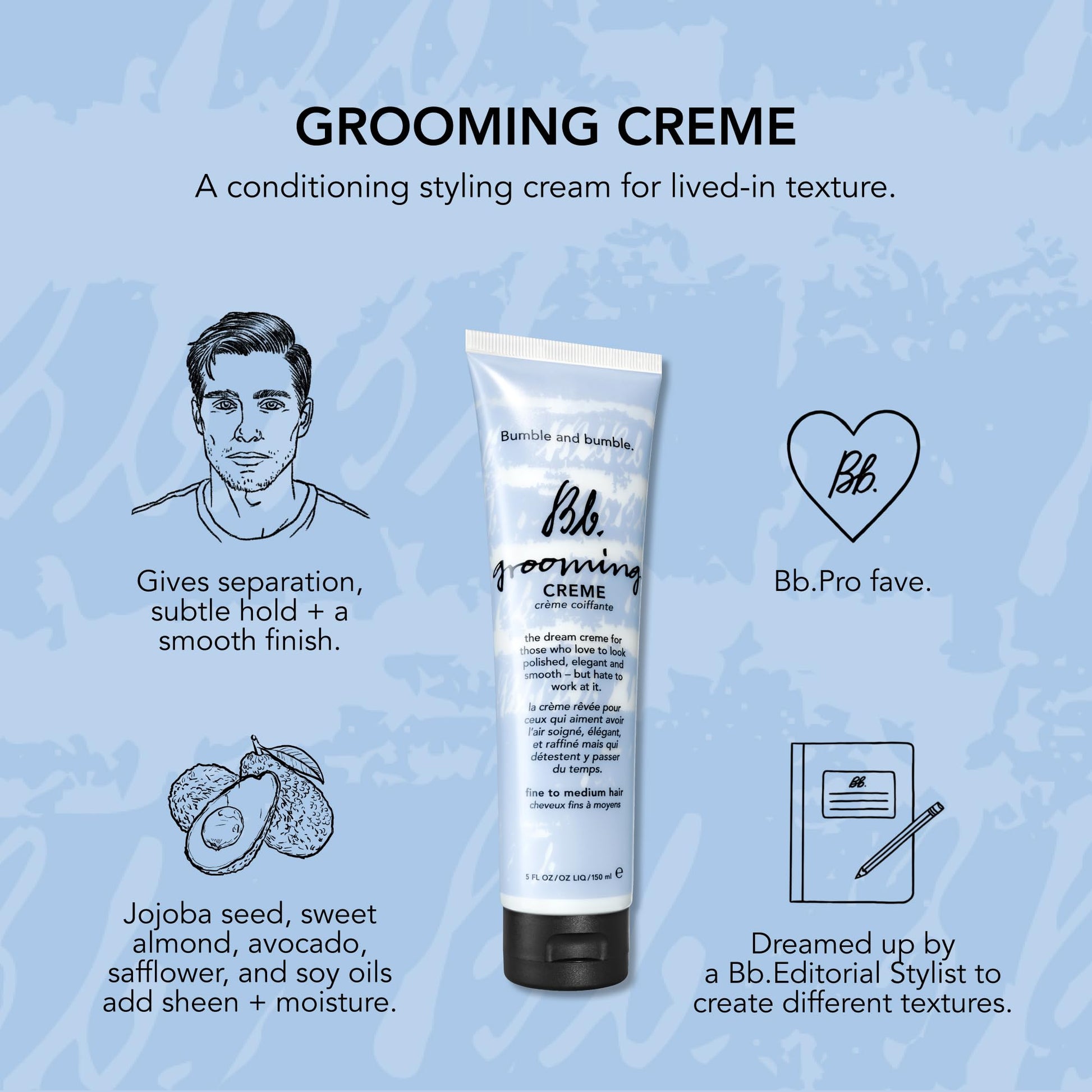 Side view of the 150 ml Bumble and Bumble grooming cream container emphasizing its sleek travel friendly design.