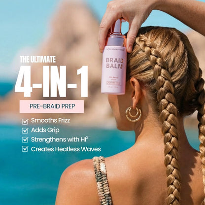 Anti frizz hair priming foam applied to hair for clean braid styling