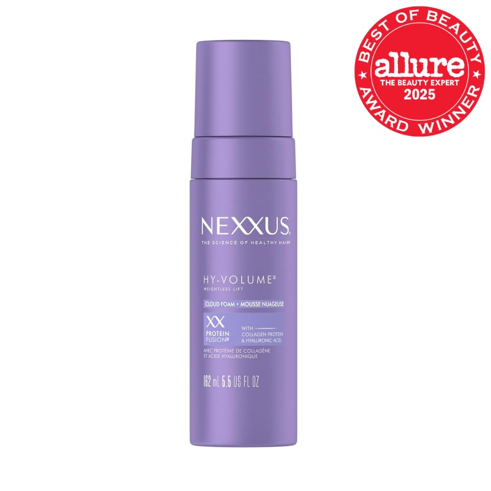 Nexxus Hy-Volume Cloud Foam styling mousse showing the aerated serum dispensing nozzle.