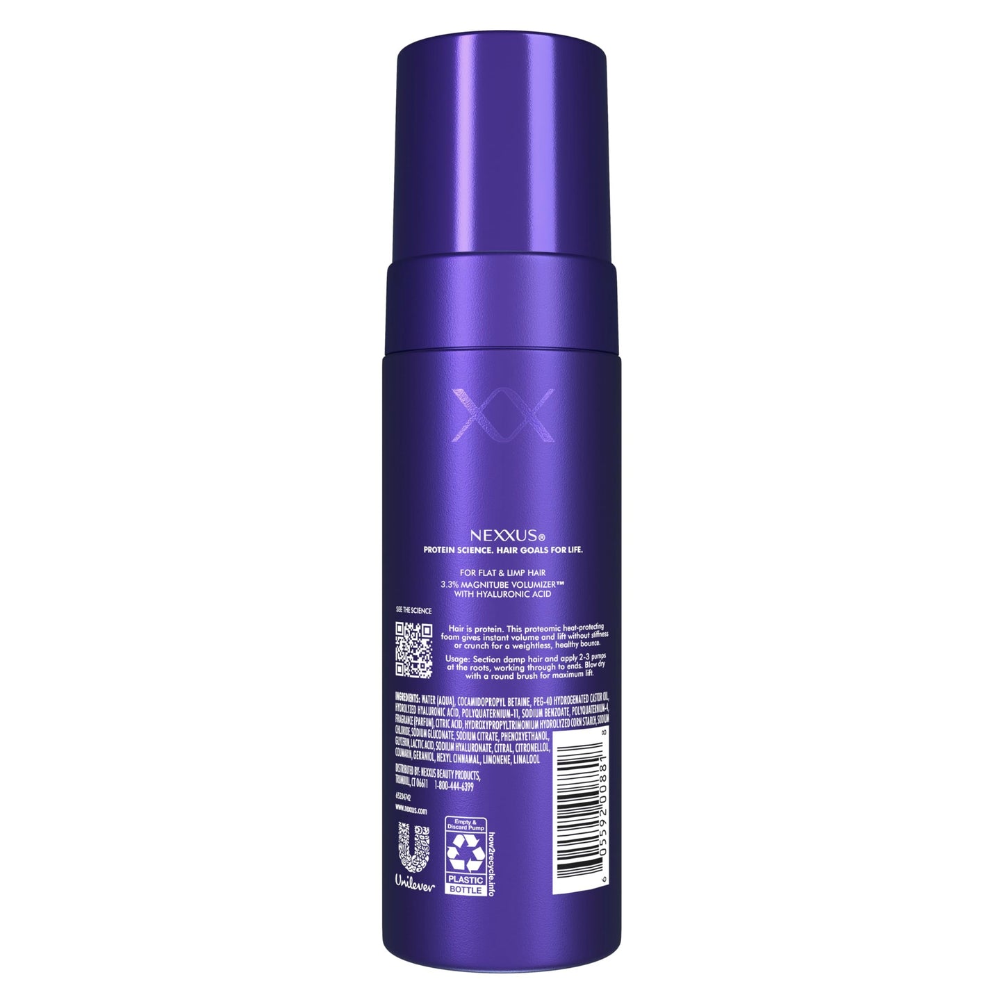 Back label of Nexxus Hy-Volume 5.5 Fluid Ounce treatment with directions and ingredients.