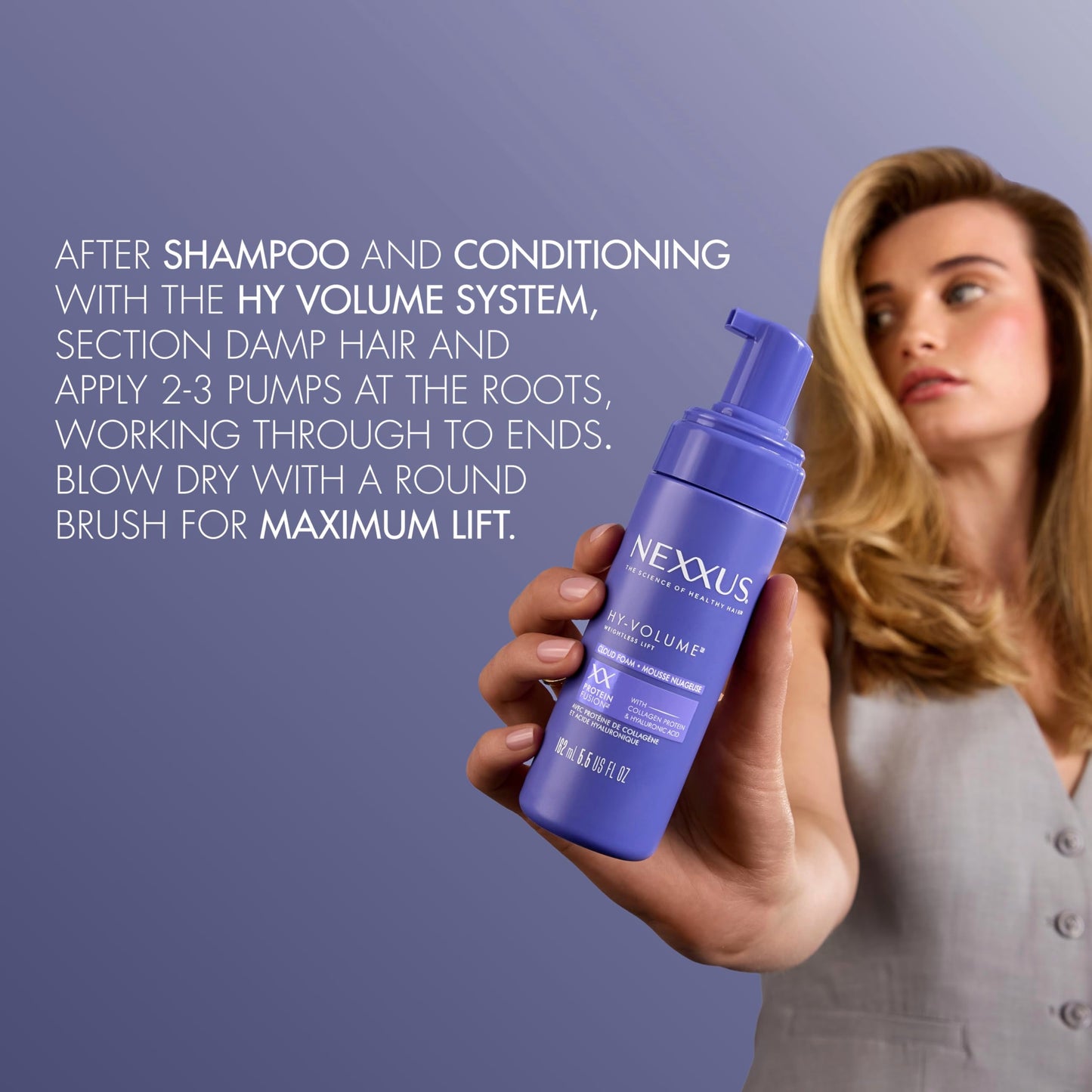 Nexxus Hy-Volume styling foam with collagen and hyaluronic acid text details.
