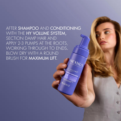 Nexxus Hy-Volume styling foam with collagen and hyaluronic acid text details.
