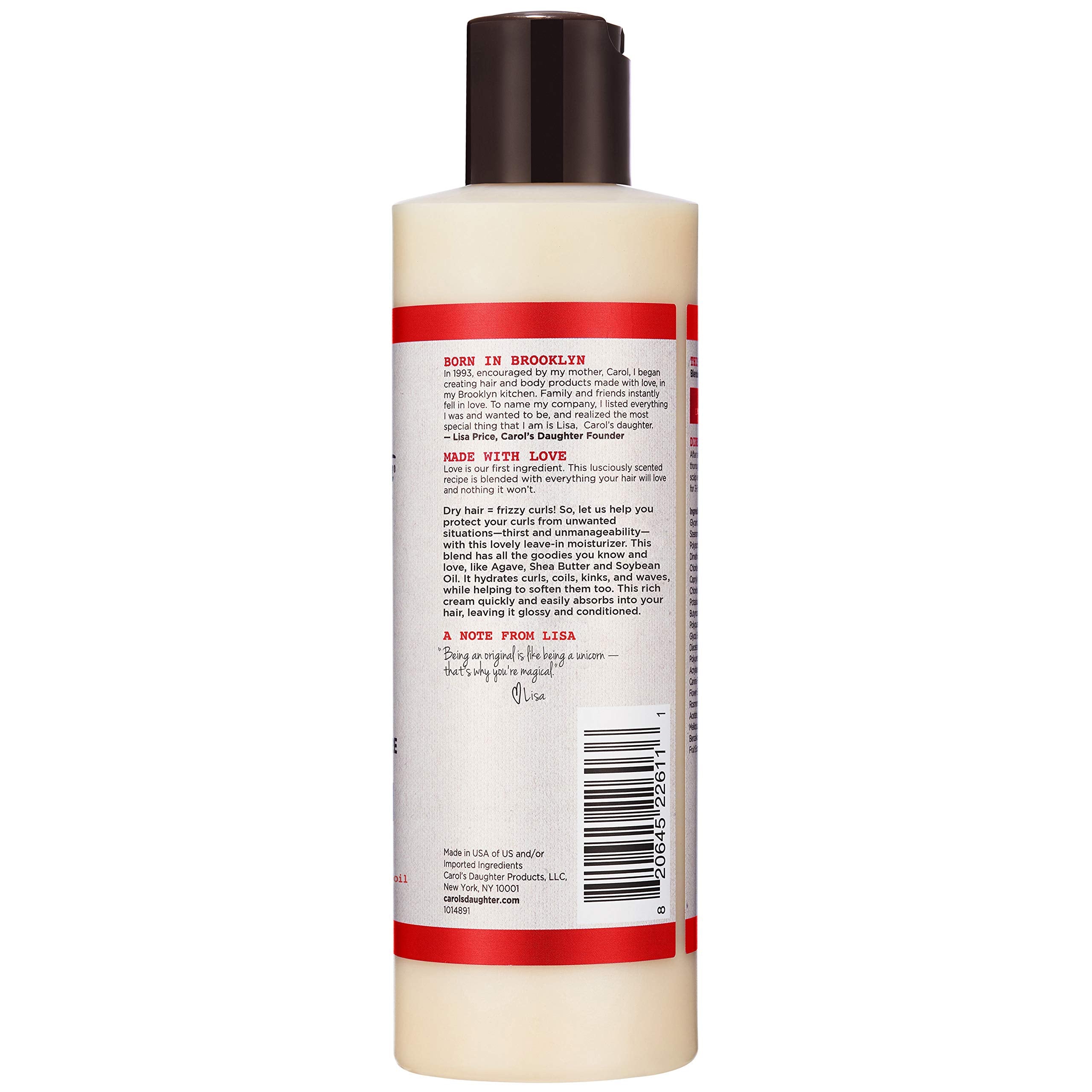 Carol's Daughter curly hair leave in cream with agave and shea butter for frizz control.