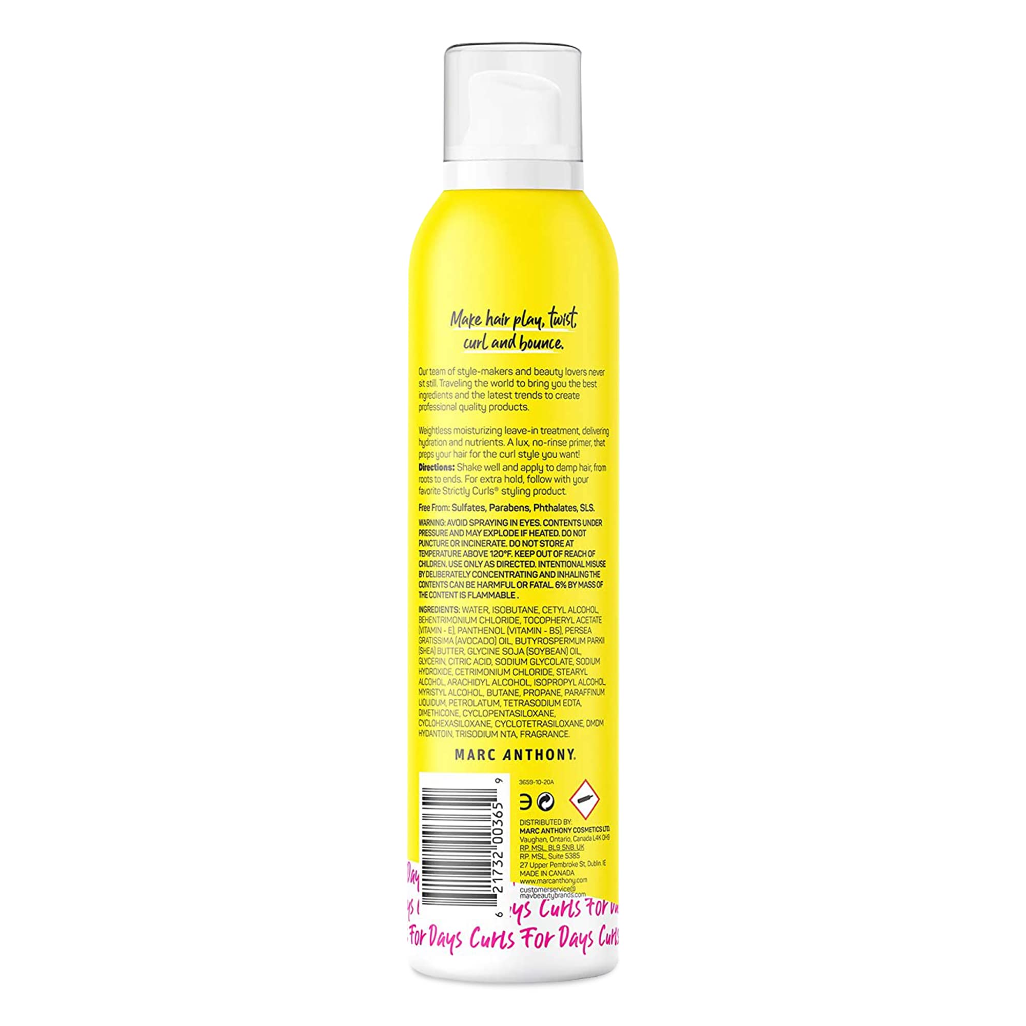 Marc Anthony True Professional curly hair styling foam aerosol container showing key ingredients
