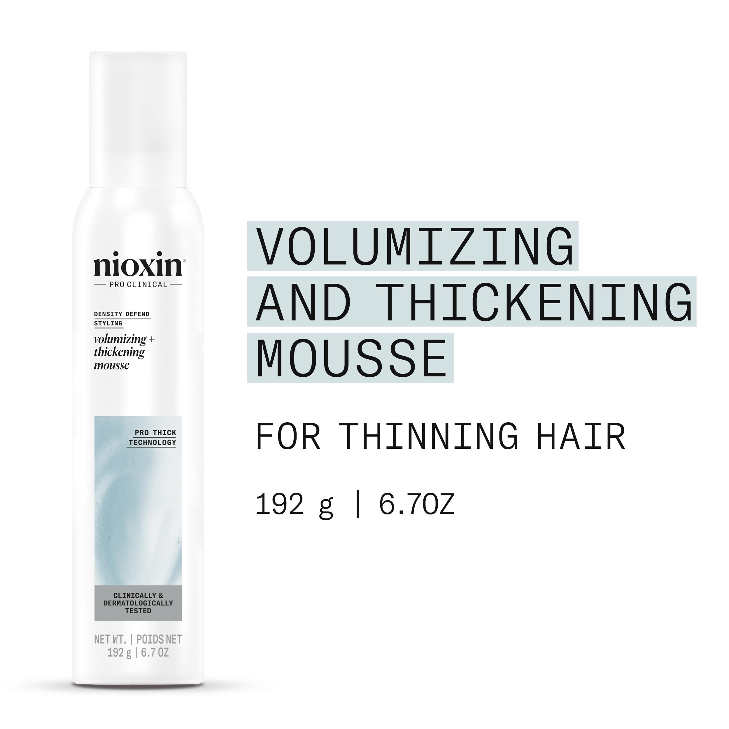 Nioxin volumizing and thickening support foam bottle showing ProThick technology label.