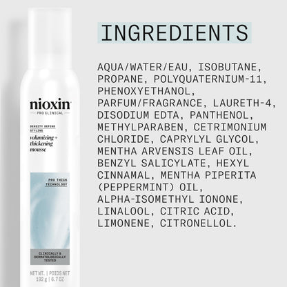 Nioxin pro clinical styling mousse for weightless volume and flexible hold.