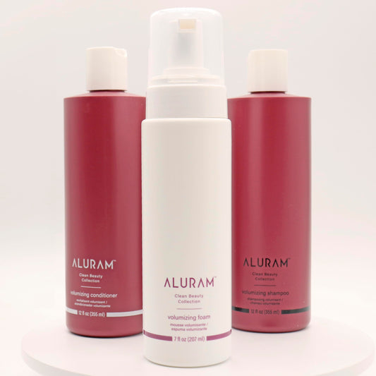 Aluram professional vegan hair mousse packaging showing key clean beauty ingredients