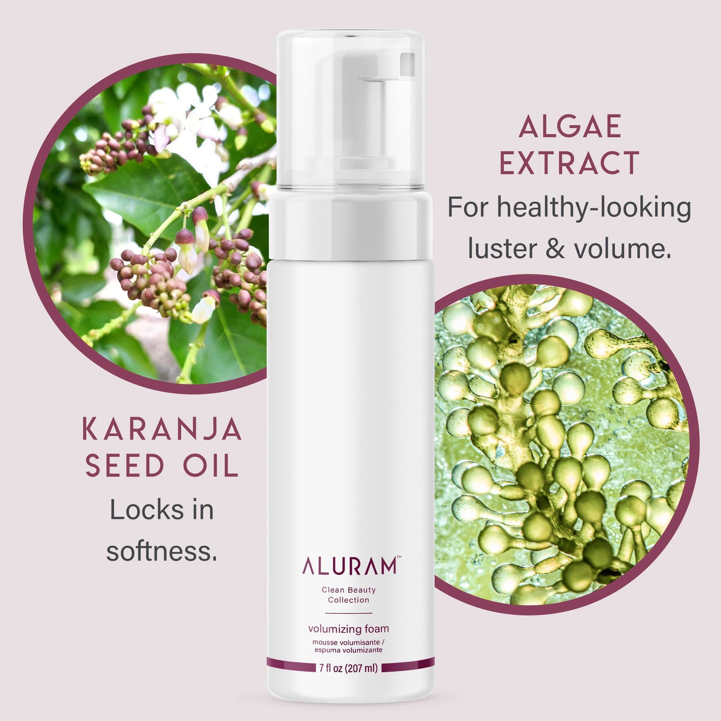 Authentic Aluram hair mousse back label highlighting biotin and algae extract benefits