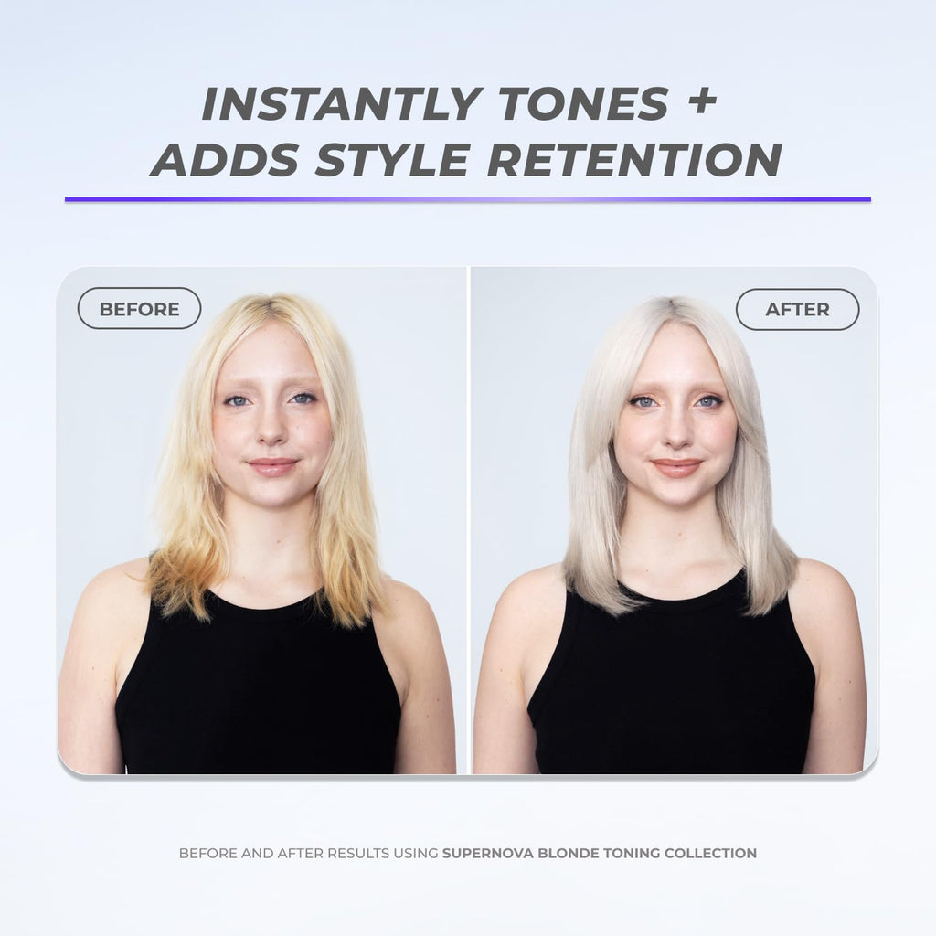 XMONDO Supernova violet leave in toner foam container highlighting its vegan and bond boosting formula benefits