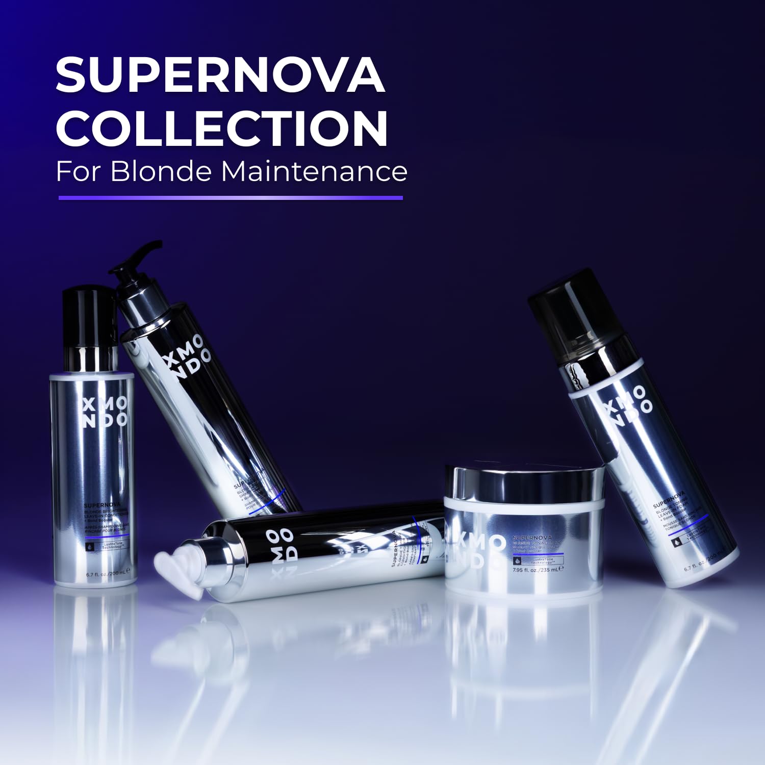 Back label view of XMONDO Supernova leave in foam detailing ingredients like jojoba oil and usage instructions