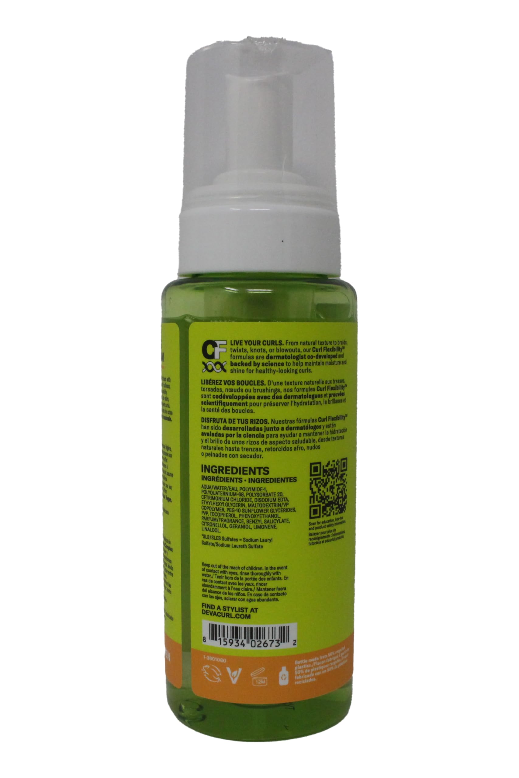 DevaCurl lightweight curly hair styling mousse packaging detailing sulfate and silicone free claims