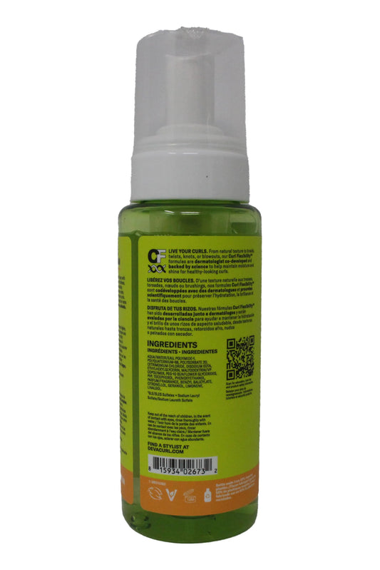 DevaCurl lightweight curly hair styling mousse packaging detailing sulfate and silicone free claims